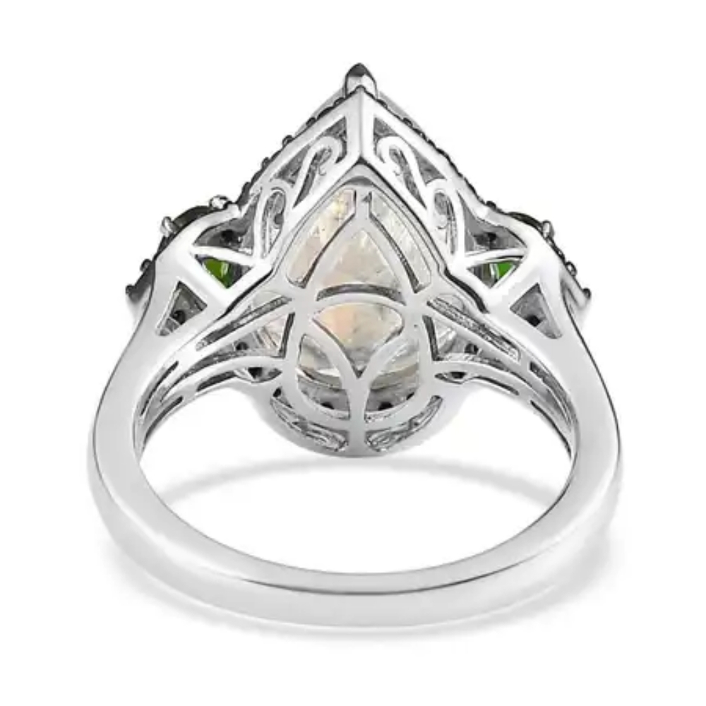 Rainbow Moonstone with Chrome Diopside and Black Thai Spinel Ring Platinum O/SS - Picture 5 of 6